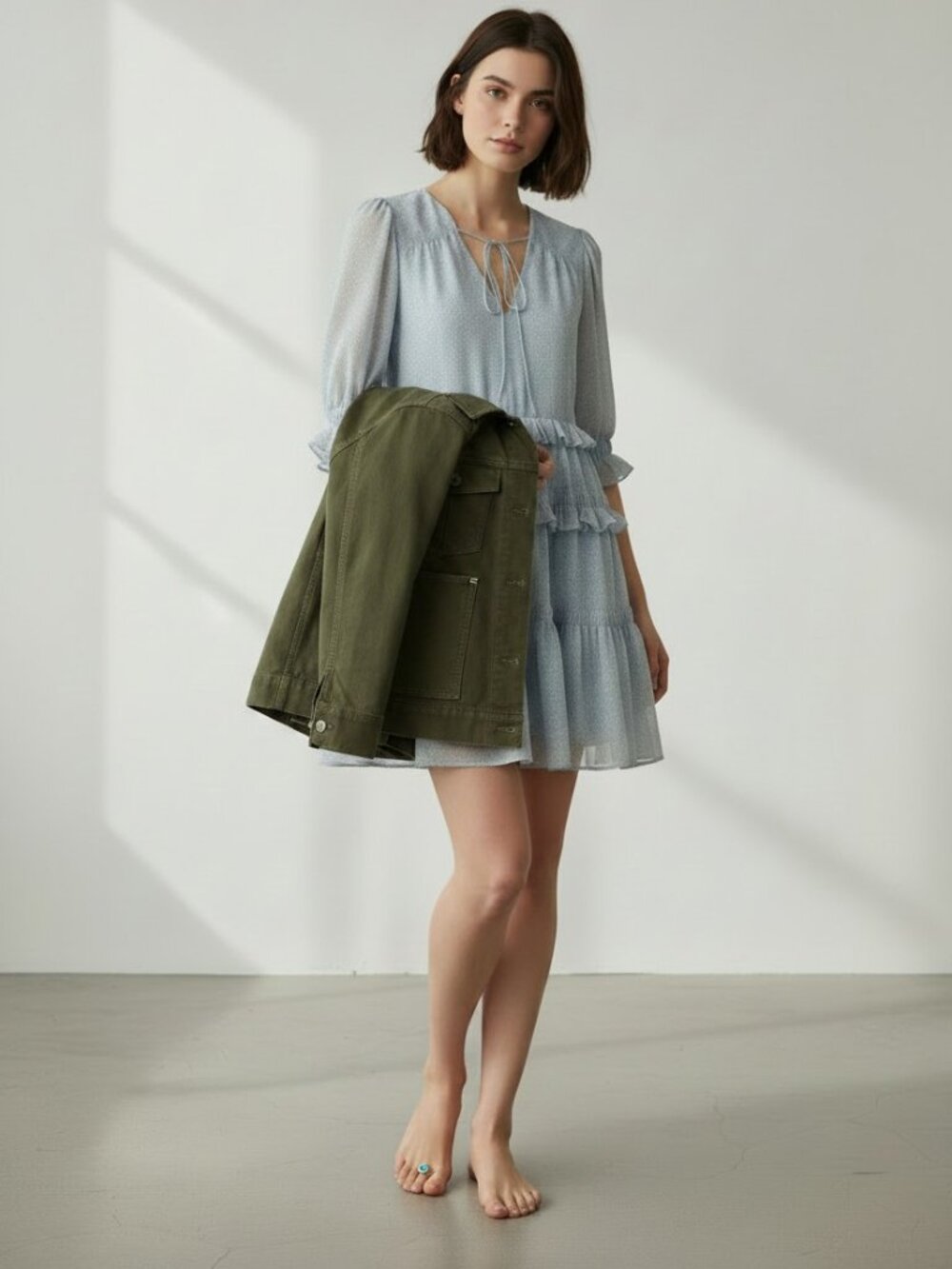 Cinq à Sept Cryssa Blue Grey Ruffle Geometric Print Short Aline Dress NWT Size 0